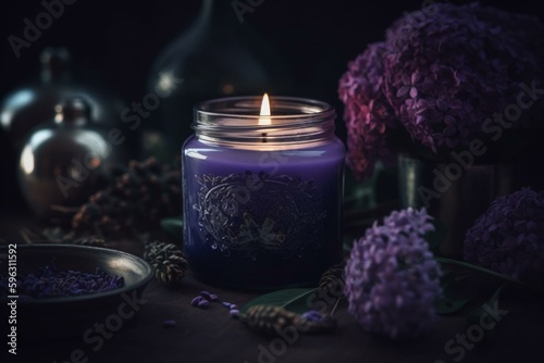Lit candle in jar with lid and lilacue candles nearby on dark table, purple flower accents. Generative AI