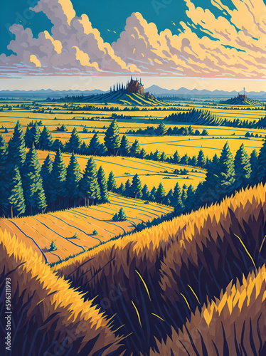 Wheat fields. Ukrainian landscape. AI generated illustration