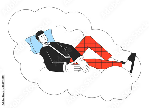 Good night sleep flat line concept vector spot illustration. Man sleeping peaceful on cloud 2D cartoon outline character on white for web app UI design. Mental health editable colorful hero image