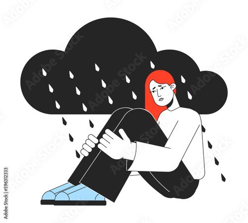 Bi polar disorder flat line concept vector spot illustration. Sad girl in rainy days 2D cartoon outline character on white for web app UI design. Fatigue syndrome editable colorful hero image