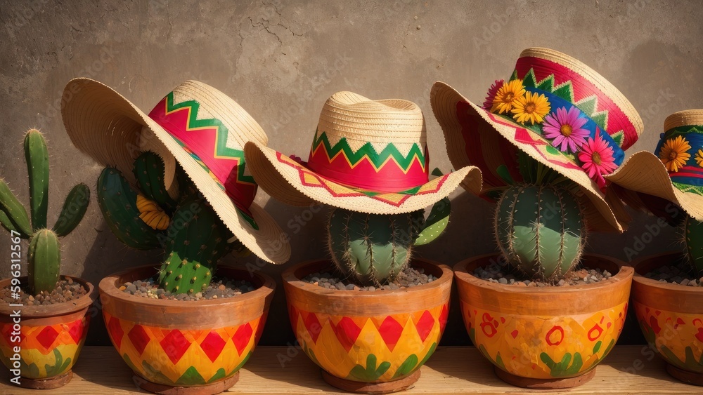 Cacti Cinco de Mayo in graphite pots on a light background