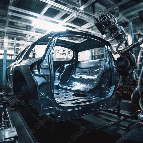 At the vehicle plant, an automated robot arm on the car production line welds the car body. Car of the future . Generative AI