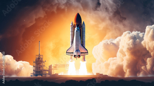 The launch of the space shuttle with fire and smoke. Generative AI