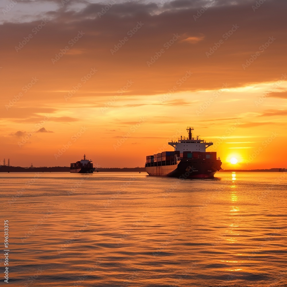 Obraz premium Container cargo freight ship at sunset. Generative AI