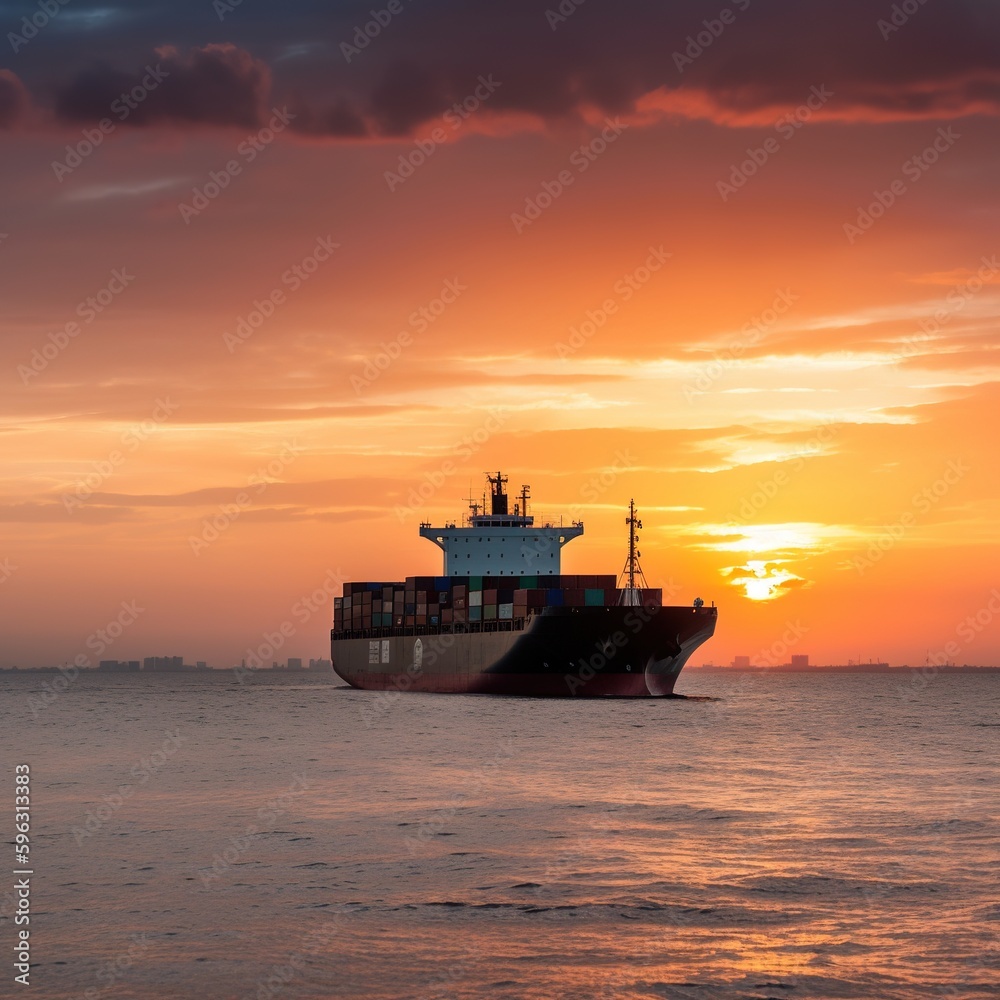 Container cargo freight ship at sunset. Generative AI Container cargo freight ship at sunset. Generative AI