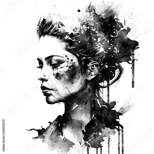 Portrait of Beautiful Woman Ink Painted Graphic. AI generative. Isolated on White Background