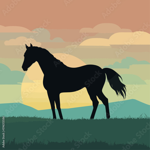 Silhouette horse   green landscape  vector illustration