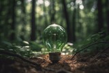 Renewable Energy Concept: Green Bulb in Forest. Generative AI