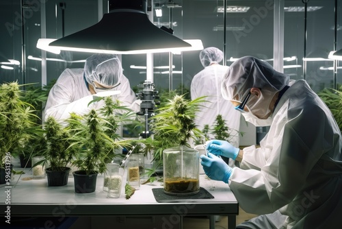 medical marijuana research lab with scientists conducting experiments and studying the effects of cannabis on the human body, created with generative ai