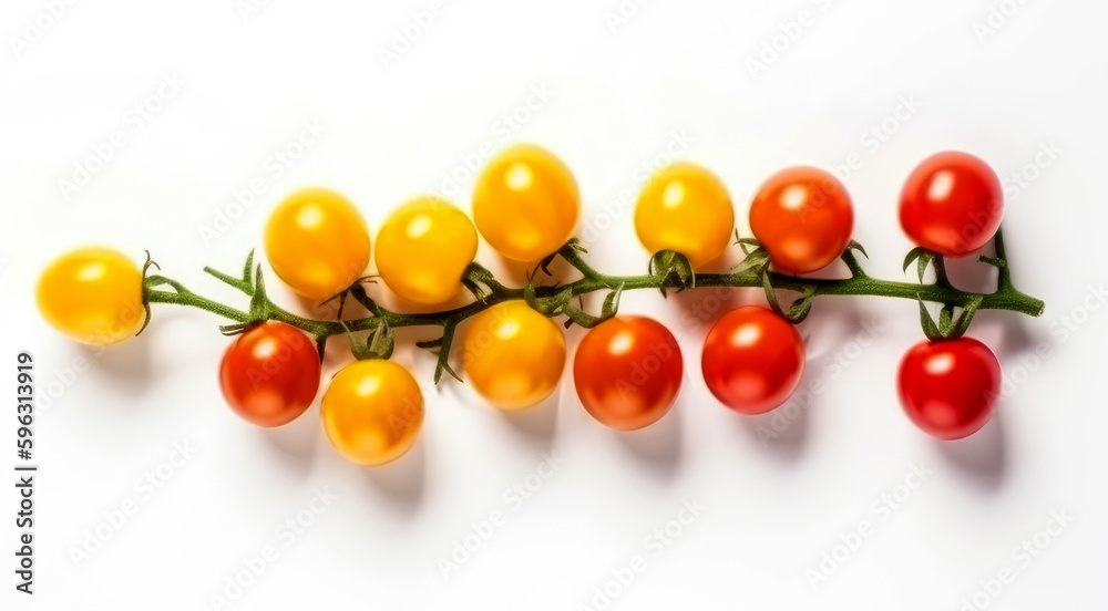 Red and yellow cherry tomatoes on a twig Red and yellow cherry tomatoes on a twig