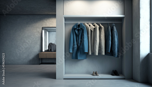 Clothes shop with blue men clothes, gray interior mockup, Generative AI © Liliia