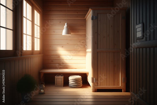 Artistic concept of a beautiful sauna interior, warm light, Generative AI