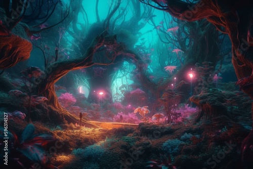 A storybook-like neon forest fantasy illustration with glowing colors. Generative AI
