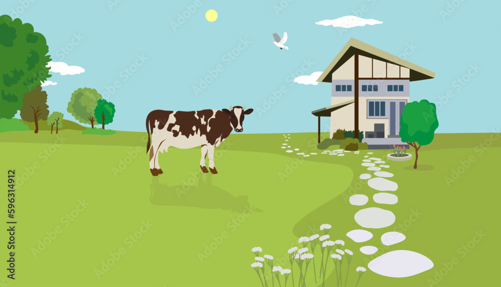 horizontal rural landscape with a house and a cow. countryside in flat style vector. sunny day on the farm. a dove is flying in the sky. trees, stone path, flower bed, flowers. horizontal rural landscape with a house and a cow. countryside in flat style vector. sunny day on the farm. a dove is flying in the sky. trees, stone path, flower bed, flowers.