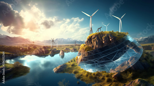 Solar panels and wind turbines on a rock. Generative AI © Serhii
