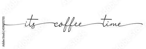 COFFEE TIME calligraphy monoline phrase. Ink brush continuous line cursive text, motivation slogan for coffee cup or cafe menu design. Vector typography quote photo