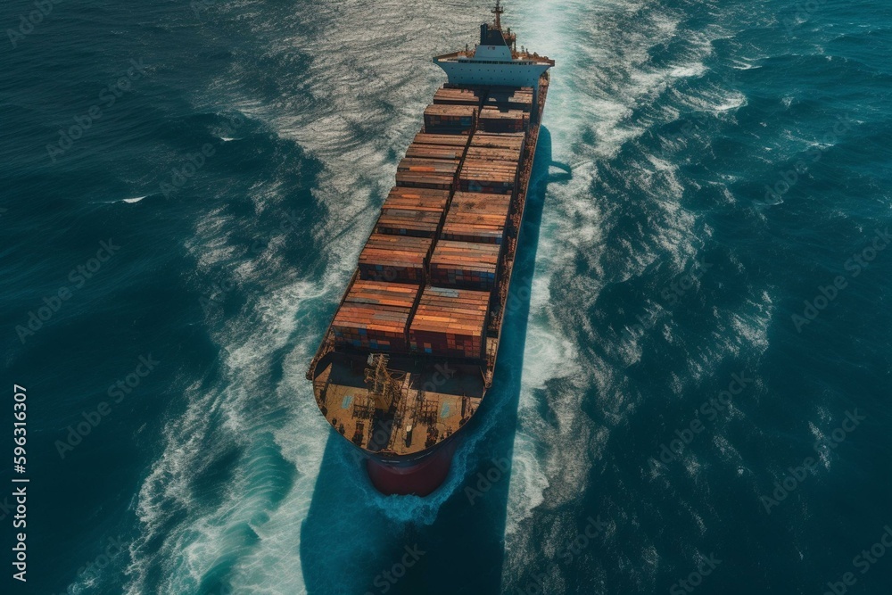 A packed cargo ship races across the ocean viewed from above. Generative AI