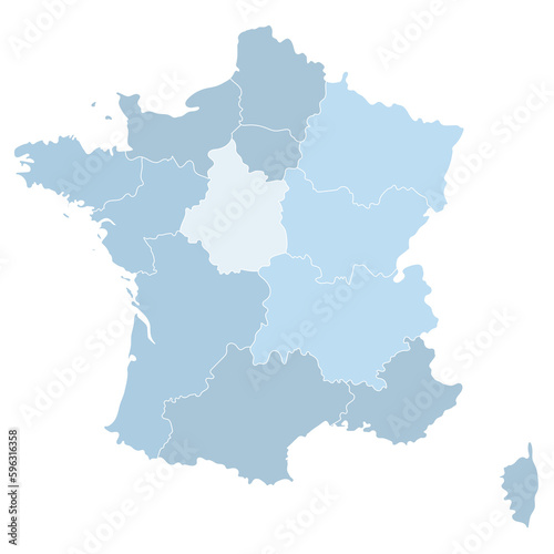 France Map with administrative regions in blue color