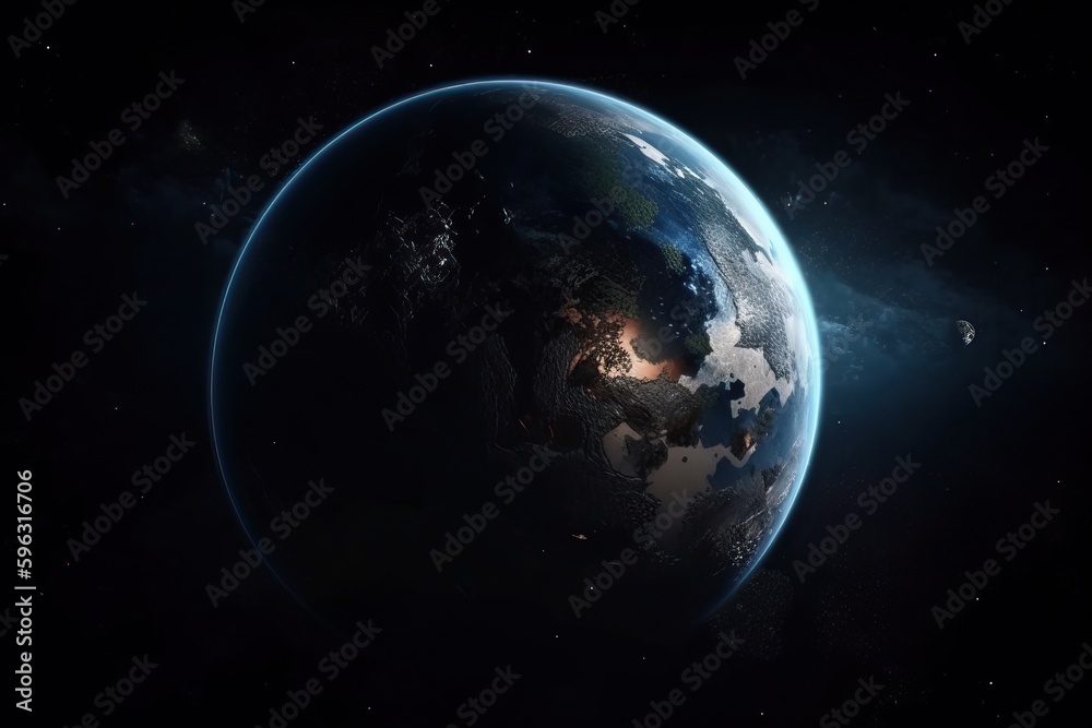 View of blue planet earth in space, earth's atmosphere and black space around, generative AI.