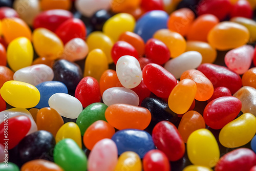 Flat lay of jellybeans, candy, background.