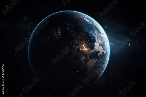 View of blue planet earth in space  earth s atmosphere and black space around  generative AI.
