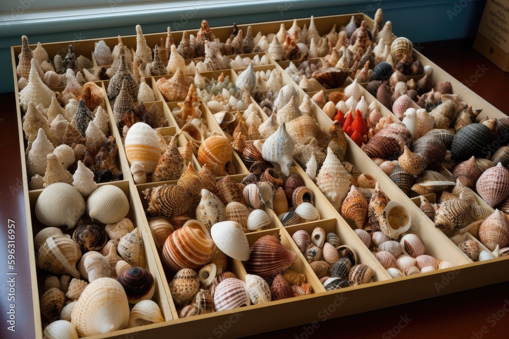 seashell collection, with the shells sorted and labeled for easy