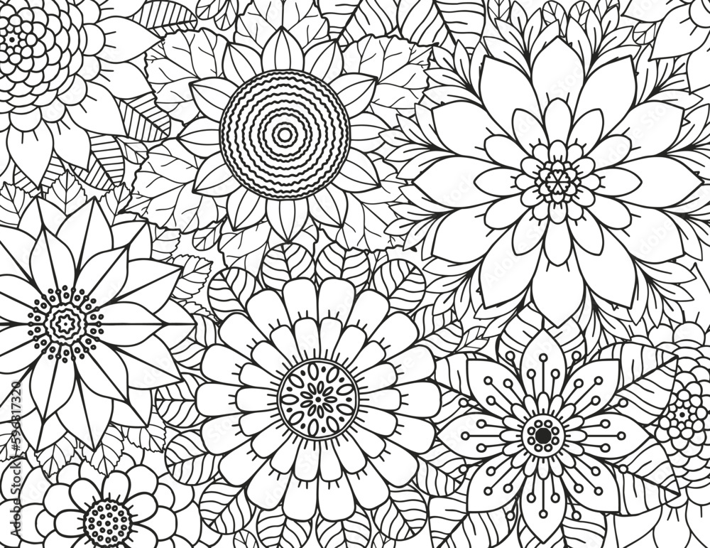 Coloring pages for children and adults.Blooming garden illustration hand drawing.  