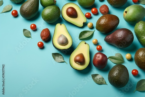 Avocado pattern on pastel blue background with fresh fruits. Healthy diet plan with half-cut avocado. Nutrition for fit body. Generative AI