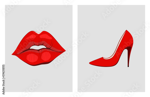 Red lips and stiletto heels fashionable illustrations. Feminine home decor, wall art