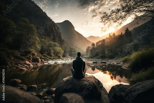 Psychic Waves | person sitting cross-legged in peaceful serene environment, surrounded by nature, eyes closed hands on knees.person's face is relaxed and calm, sense of inner peace and tranquility. Ai