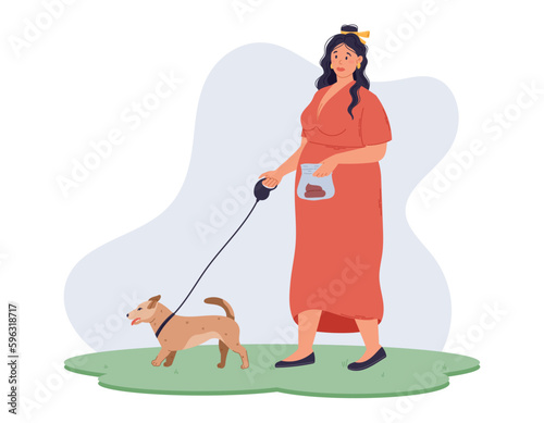 Clean up after your Pet Concept. Young overweight woman walking her dog on a leash on the grass and holding excrement in a plastic bag. Vector flat illustration.