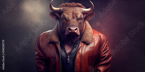 A formidable bull exuding raw power and strength. With broad shoulders and a chiseled physique, he radiates confidence and determination, embodying the epitome of a cool and unbreakable man Ai photo