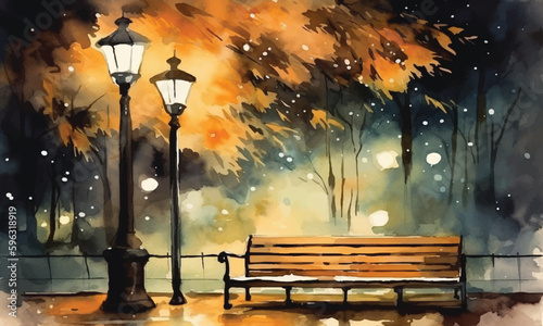 Tree park bench lamppost in the night watercolor vector background