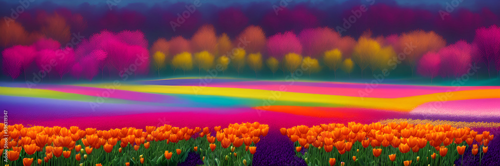 Tulips fields landscape. AI generated illustration