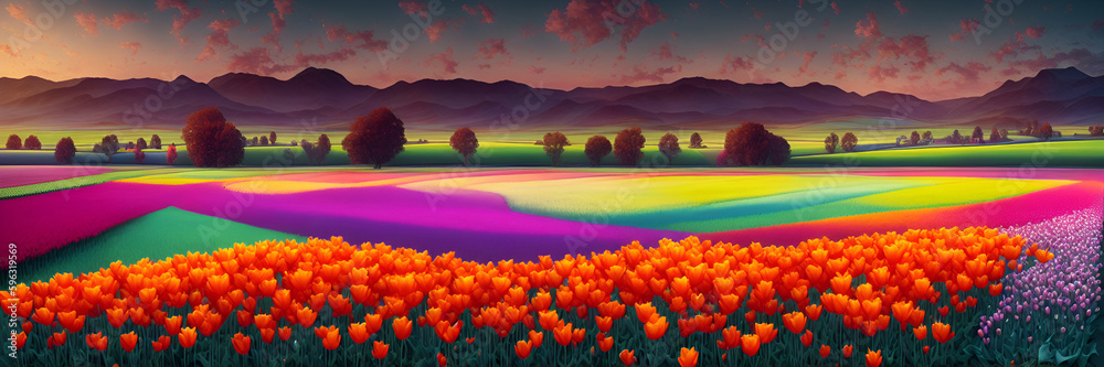 Tulips fields landscape. AI generated illustration