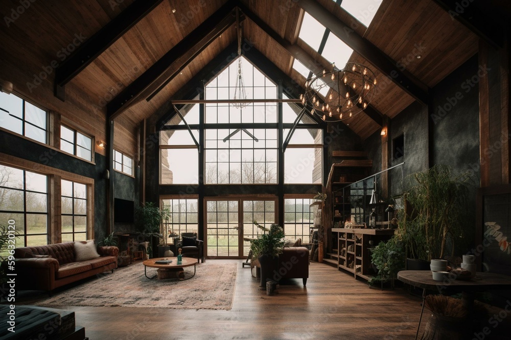 A rustic barn turned into a contemporary dwelling featuring high ceilings & industrial accents. Generative AI