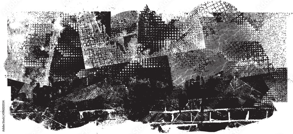 Obraz premium Glitch distorted grungy isolated banner . Design element for brochure, social media, posters, flyers. Overlay texture.Textured banner with Distress effect .Vector halftone dots . Screen print texture