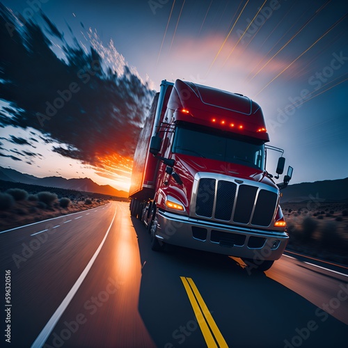A Red Semi Truck Driving Down a Highway  Generative AI