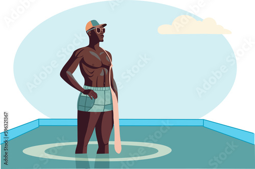 Afro man, sporty, standing in a swimming pool.