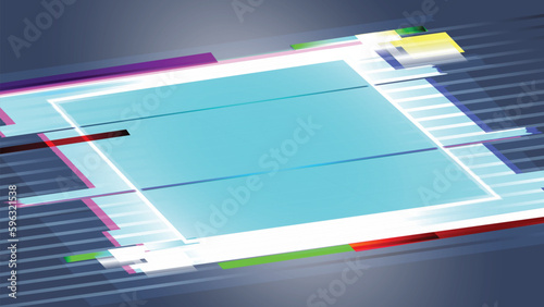 Hi tech glitch rectangle background. Neon blue glitch screen. Glow neon light rectangle in perspective.