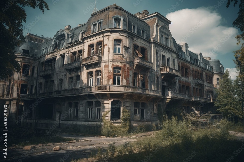 A hospital in Kharkiv's historical downtown that has been destroyed. Generative AI