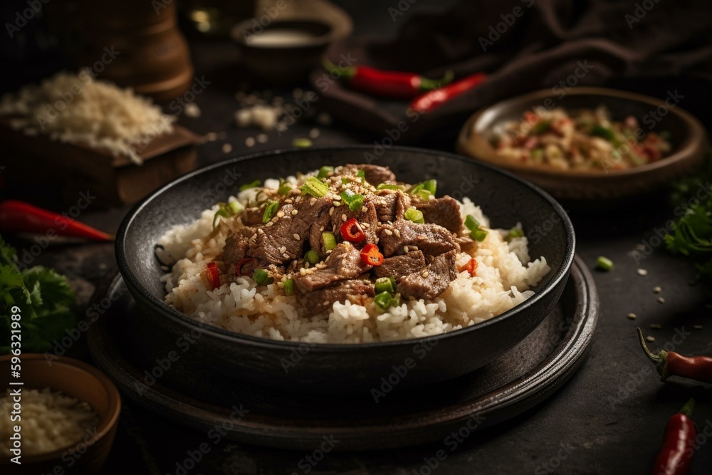 Rice and beef dish paired perfectly, a delightful meal. Generative AI