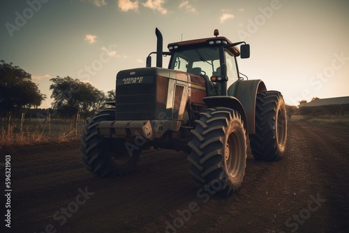 Contemporary farm tractor  seen from the front. Generative AI