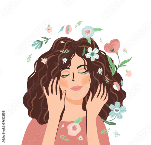 Portrait of cute girl with flowers. Self care, self love, harmony. Isolated illustration.