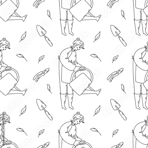 Garden vector seamless pattern with woman, watering can, shovel, secatures, leaves. Illustration for textile, paper.