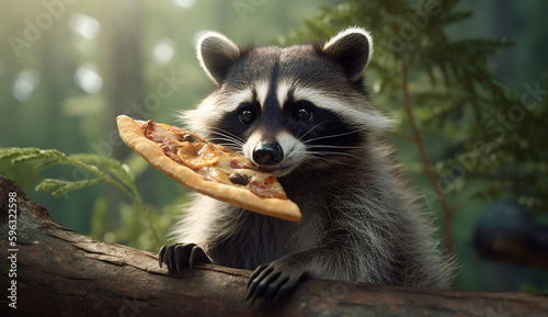 The raccoon eats pizza in nature , AI generated