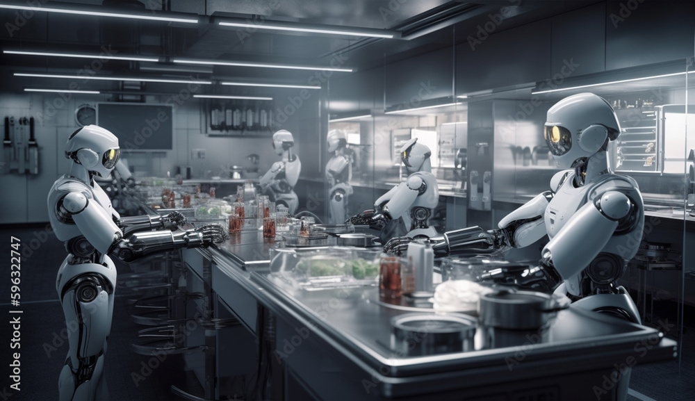 Humanoid robot cooks in the kitchen , new technology ,Generative Ai