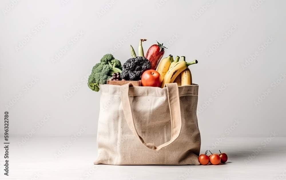 Tote bag full of vegetables and fruits on white background. Grocery with healthy food Generative AI - obrazy, fototapety, plakaty 