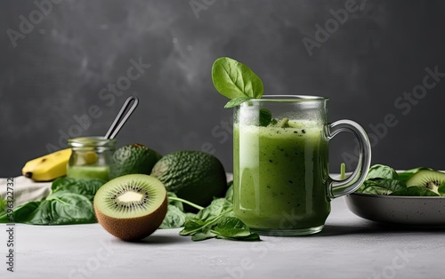 Kiwi smoothie with lime and mint leaves in glass jar Generative AI