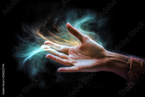 Right hand of a person with divine energy connections to the divine. Generative Ai